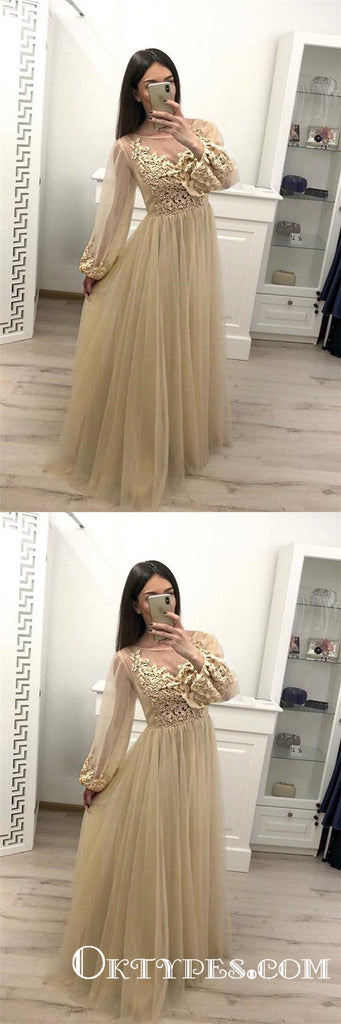 Stunning A Line Long Sleeve Tulle Appliques Prom Dresses, TYP1749