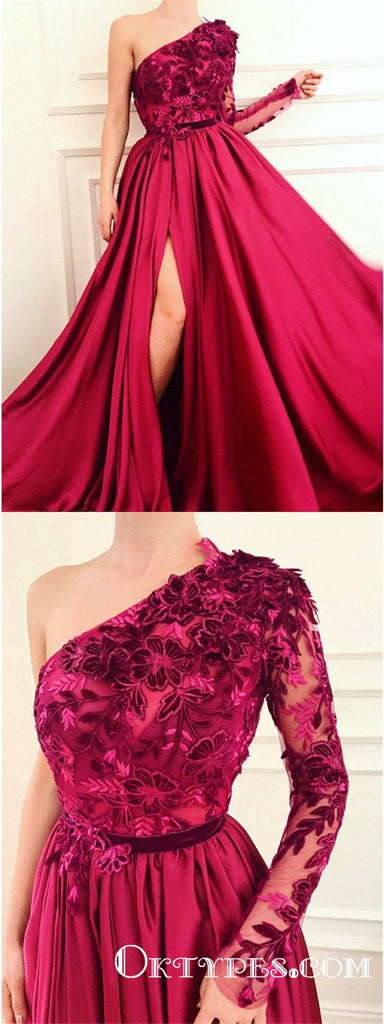 Generous One Shoulder Long Sleeves Fuchsia Split Prom Dresses with Appliques, TYP1660