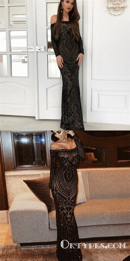 Mermaid Off Shoulder Long Sleeves Black Beaded Long Prom Dresses with Lace, TYP1674