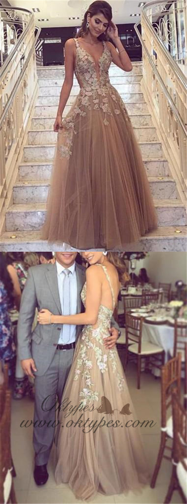Chic Spaghetti Strap V-neck Long Tulle Prom Dresses With Applique, TYP1461