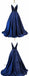 A-line V-neck Beaded Bodice Formal Dress Navy Blue Satin Long Prom Dresses 2019, TYP1221