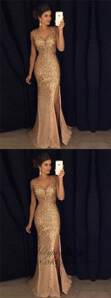 Sexy V-neck Gold Beaded Side Slit Long Cheap Prom Dresses, TYP1463