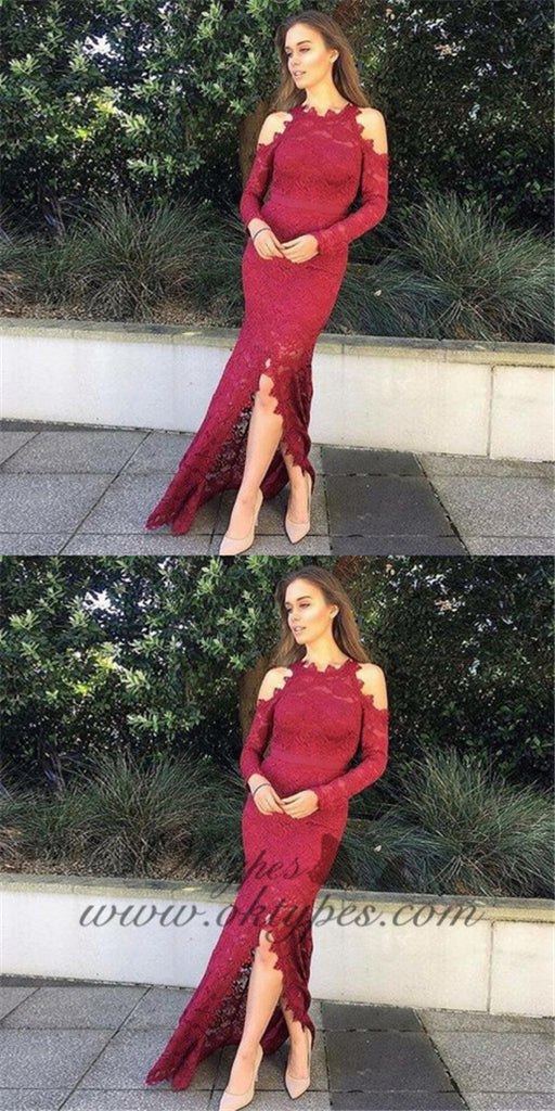 Mermaid Round Neck Split Front Long Sleeves Burgundy Lace Prom Dresses, TYP1266