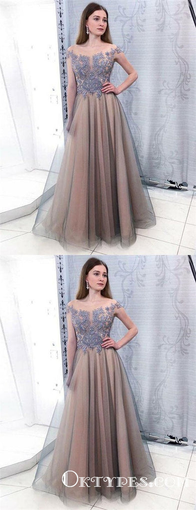 Charming Off The Shoulder Gray Long Prom Dresses With Appliques, TYP1763