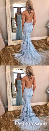 Spaghetti Strap Sky Blue Mermaid Prom Dresses Backless Pageant Formal Dresses, TYP1226