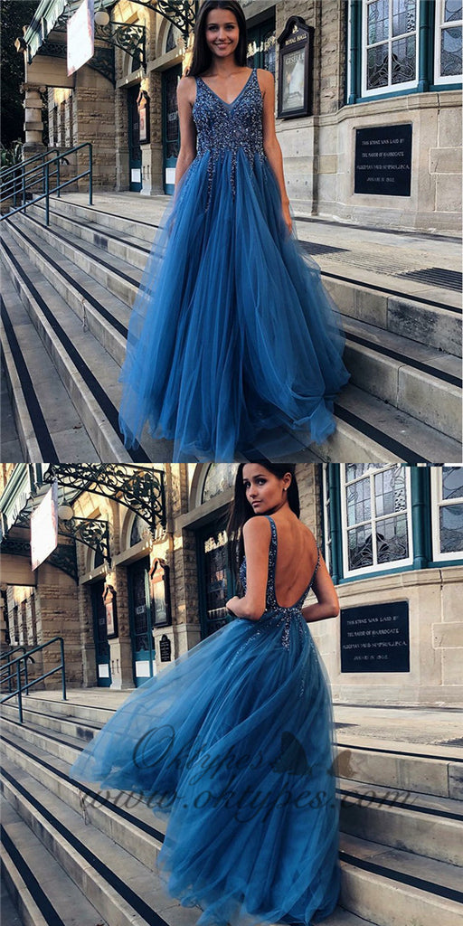 Charming A-Line V-neck Backless Floor-Length Blue Prom Dresses with Beading, TYP1434