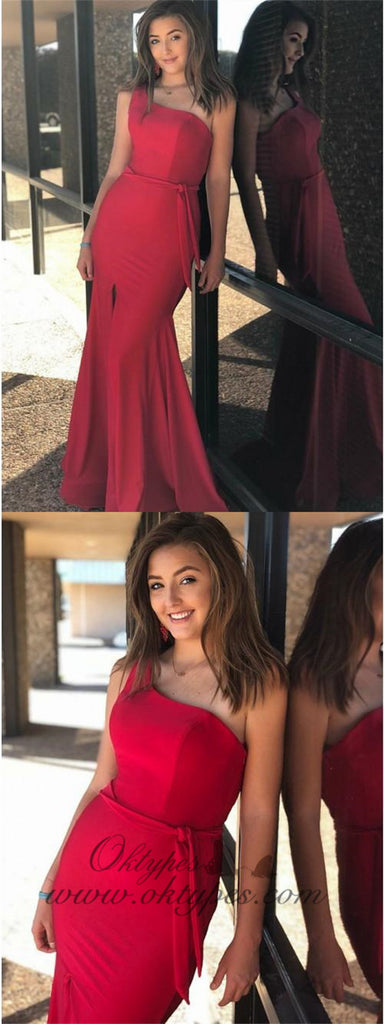 Charming Red One Shoulder Long Mermaid Prom Dresses with Split, TYP1595