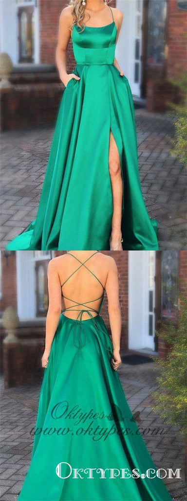 Green Prom Dresses with Pocket Long Backless Slit Formal Evening Ball Gowns, TYP1225