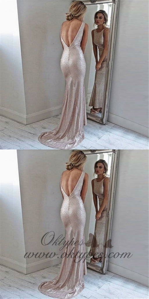 Mermaid Round Neck Long Cheap Backless Rose Gold Sequined Prom Dresses, TYP1263