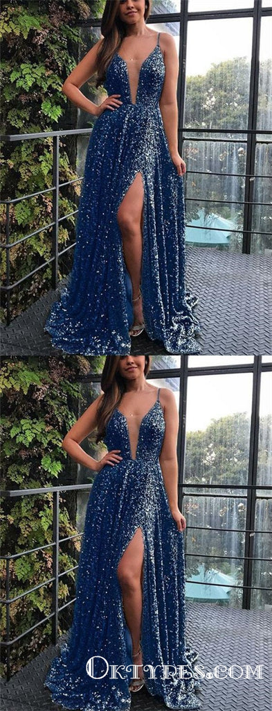 Blue Sequined Split Long Evening Gowns Spaghetti Straps Prom Dresses, TYP1675