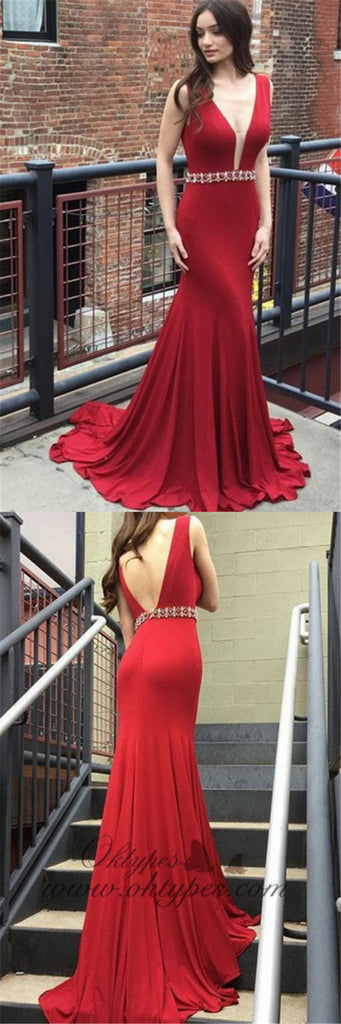 Mermaid Deep V-Neck Long Cheap Red Jersey Backless Beaded Prom Dresses, TYP1358