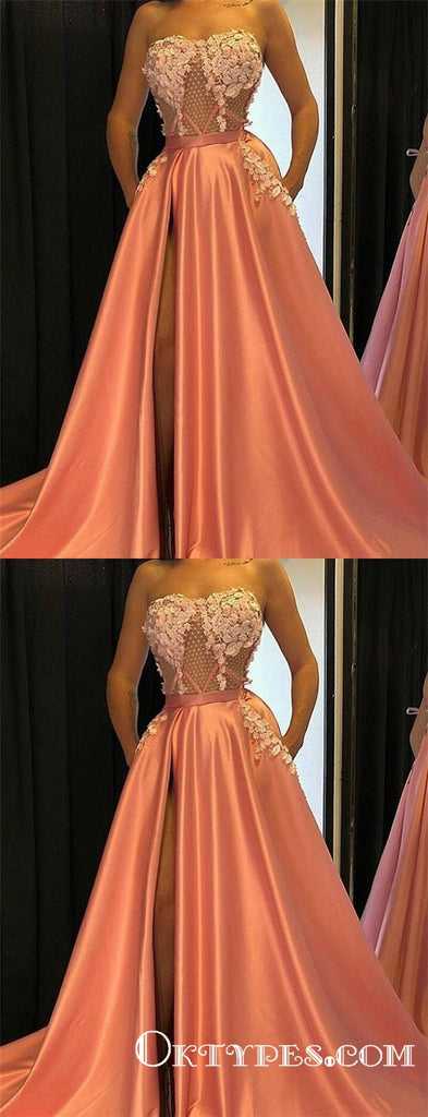 Strapless Orange Long Appliques Evening Gowns With Pockets Prom Dresses, TYP1704