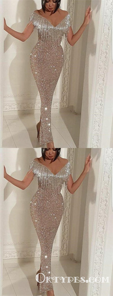 Champagne Sequined Tassel Off The Shoulder Long Evening Gowns Prom Dresses, TYP1677