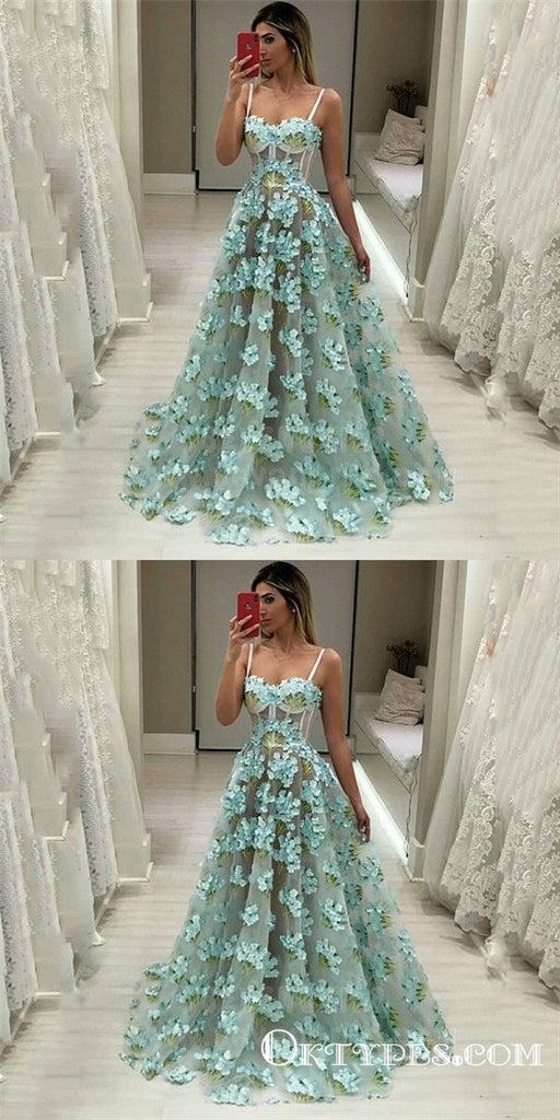 Spaghetti Straps A-Line Long Cheap Mint Prom Dresses with Flowers, TYP1829