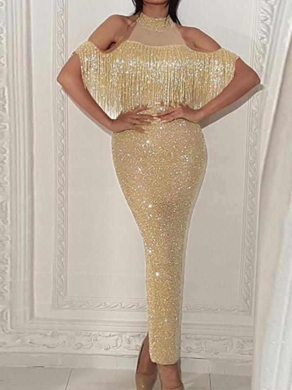 Sparkly Yellow Sequin Halter Sleeveless Mermaid Long Cheap Formal Evening Prom Dresses, PDS0077