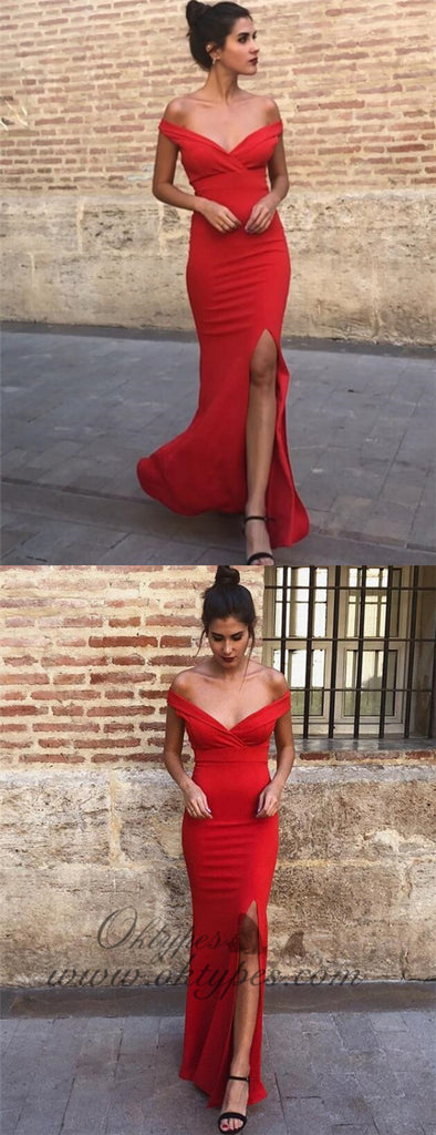 Sheath Off-the-Shoulder Long Cheap Red Prom Party Dresses with Split, TYP1279