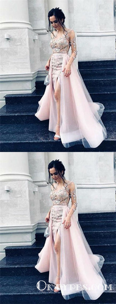 Pink Long  Long Sleeve Evening  Gown Prom Dresses With Appliques, TYP1762