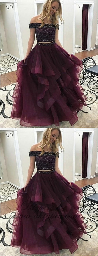 Two Piece Off-the-Shoulder Long Cheap Maroon Tulle Prom Dresses with Beaded, TYP1283