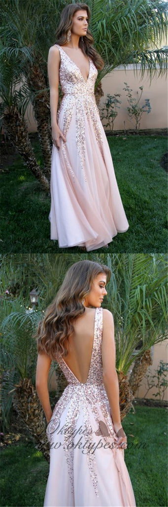 A-Line Deep V-Neck Long Cheap Pink Tulle Backless Prom Dresses with Sequins, TYP1353