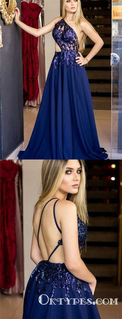 One Shoulder Evening Gowns Navy Blue Long Prom Dresses With Appliques, TYP1708