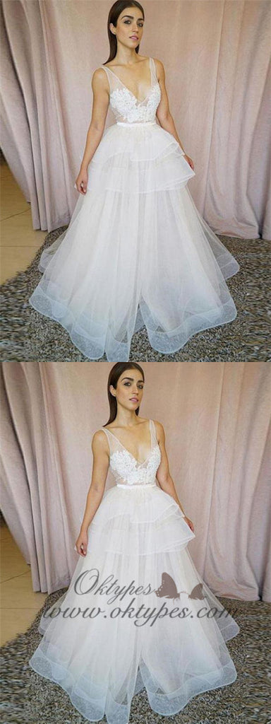 Fashion V-Neck Sexy Lace Ivory A-line design Long Prom Dresses, TYP1590