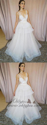 Fashion V-Neck Sexy Lace Ivory A-line design Long Prom Dresses, TYP1590