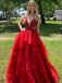 Elegant Red V-neck Tulle Lace A-line Cheap Long Prom Dresses, PDS0145