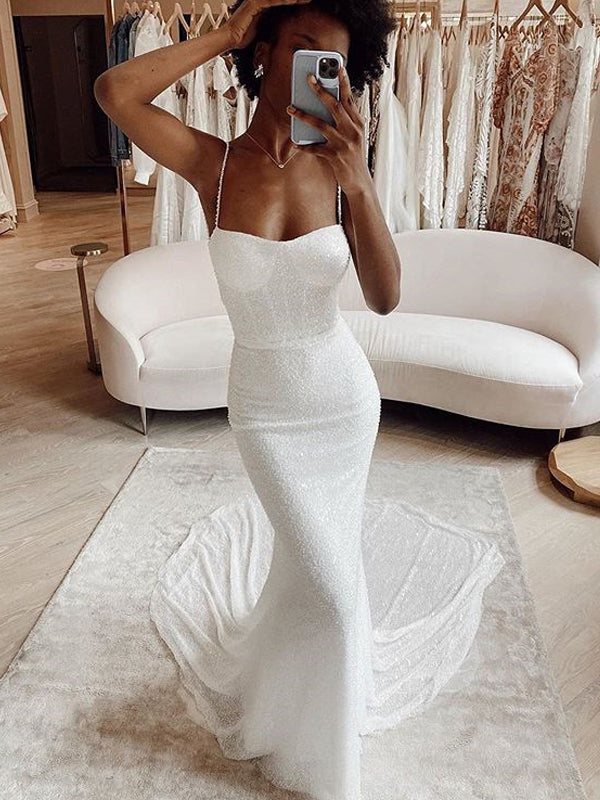 Simple Spaghetti Strap Ivory Sequin Mermaid Long Cheap Prom Dresses, PDS0117