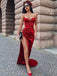 Sexy Spaghetti Strap Red Satin Side Slit Mermaid Long Cheap Prom Dresses, PDS0118