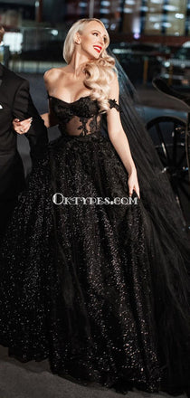 Elegant Off-The-Shoulder Black Lace A-line Long Cheap Prom Dresses, PDS0120