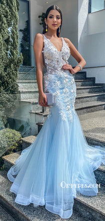 Elegant V-neck Blue Applique Tulle Long Cheap Prom Dresses, PDS0121