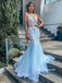Elegant V-neck Blue Applique Tulle Long Cheap Prom Dresses, PDS0121
