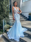 Elegant V-neck Blue Applique Tulle Long Cheap Prom Dresses, PDS0121