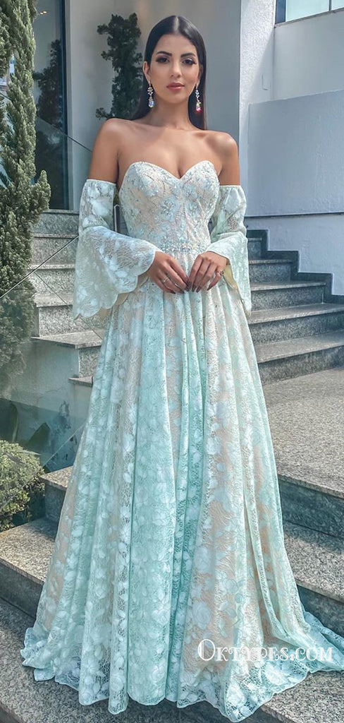 Elegant Sweetheart Lace Long Sleeves Long Cheap Prom Dresses, PDS0123