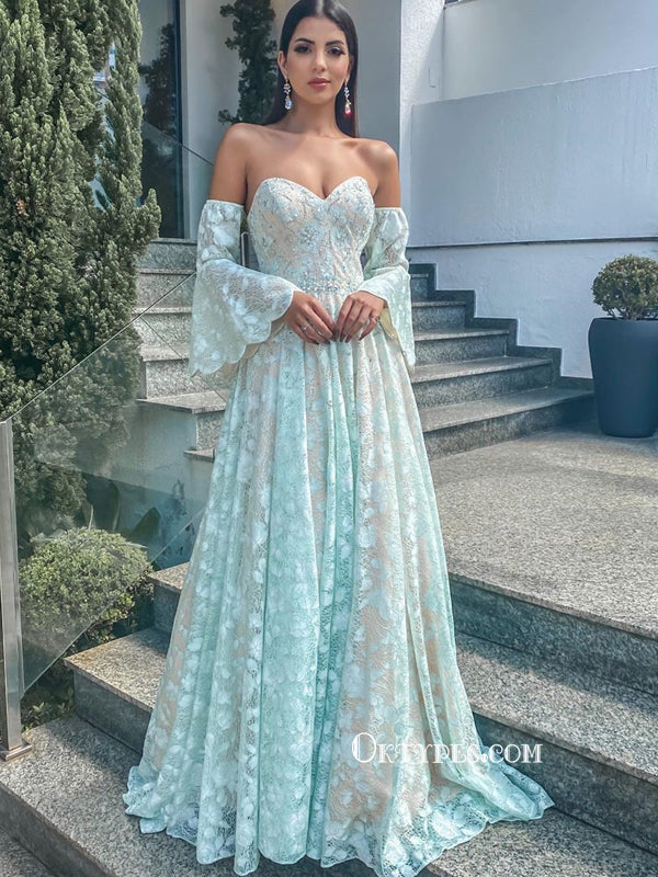 Elegant Sweetheart Lace Long Sleeves Long Cheap Prom Dresses, PDS0123