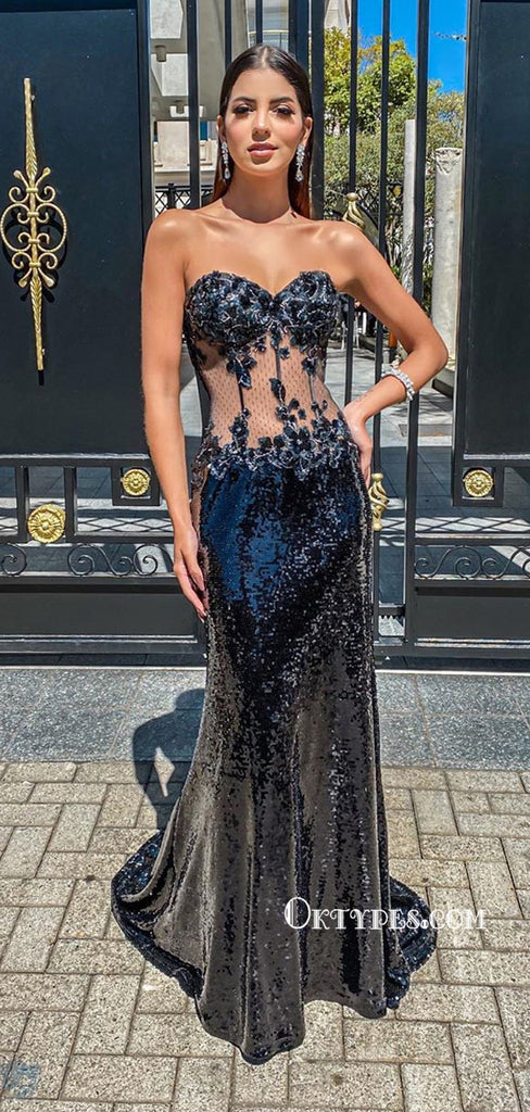 Sexy Black Flowers Illusion Sequins Mermaid Long Prom Dresses, PDS0124