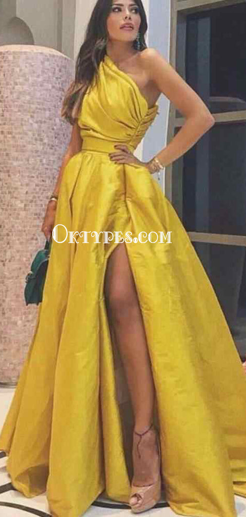 Marigold One-shoulder Side Split A-ine Stain Long Prom Dresses, PDS0133