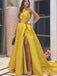 Marigold One-shoulder Side Split A-ine Stain Long Prom Dresses, PDS0133