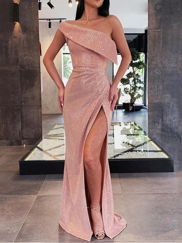 Elegant Pink One-shoulder Mermaid Split Cheap Long Prom Dresses, PDS0141