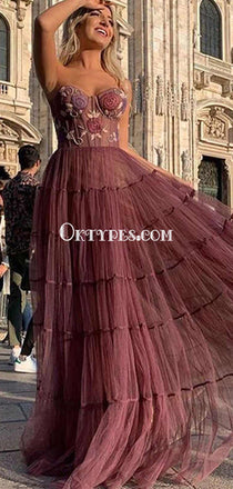 Elegant Applique  Strapless A-line Tulle Cheap Long Prom Dresses, PDS0142