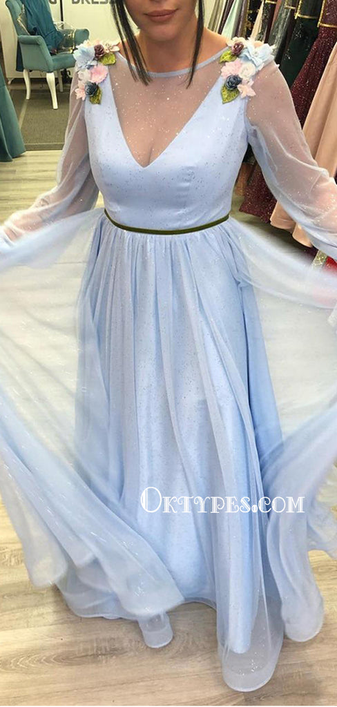 Charming Light Blue Applique V-neck Tulle A-line Long Prom Dresses, PDS0147