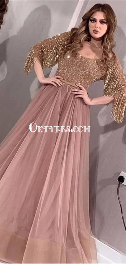 Elegant Blazing Long Sleeves Tulle A-line Cheap Long Prom Dresses, PDS0150