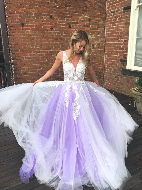 Charming V-neck Lilac Tulle A-line Long Cheap Party Prom Dresses, PDS0106