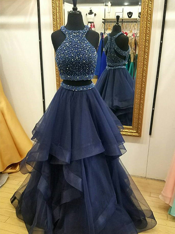blue two piece prom dress 2 Piece Royal Blue Prom Dresses satin Evening Dresses Custom Color / US6