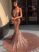Spaghetti Straps Rose Gold Mermaid Evening Prom Dresses, Evening Party Prom Dresses, PDS0100