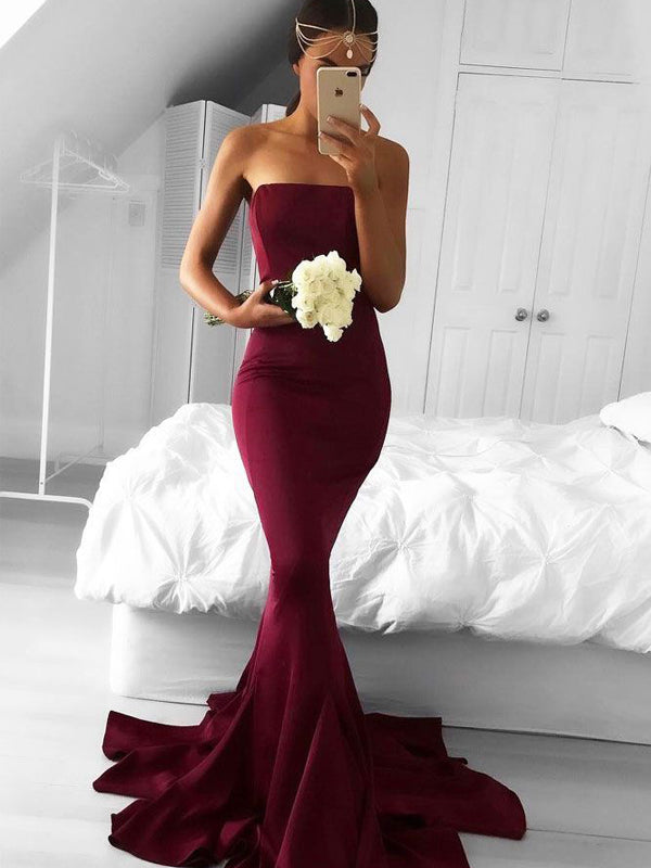 Strapless Maroon Mermaid Evening Prom Dresses, Long Simple Party Prom Dresses, PDS0089