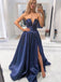 Charming Sweetheart Navy Satin Side Slit Long Cheap Prom Dresses, PDS0113