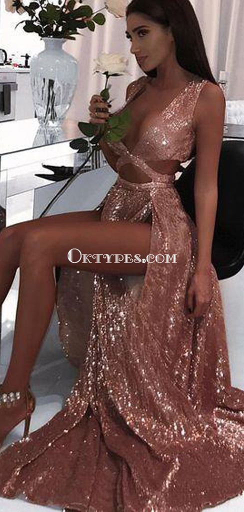 Charming Sexy Sequin Sparkly Simple Rose Gold Prom Dresses, TYP1121