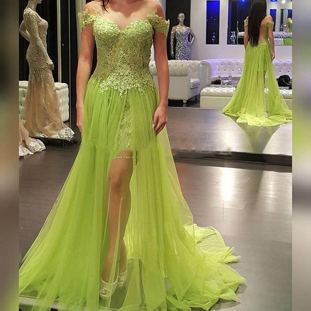 Off Shoulder Lace Top Green Tulle Long A-line See Through Popular Prom Dresses, TYP0017