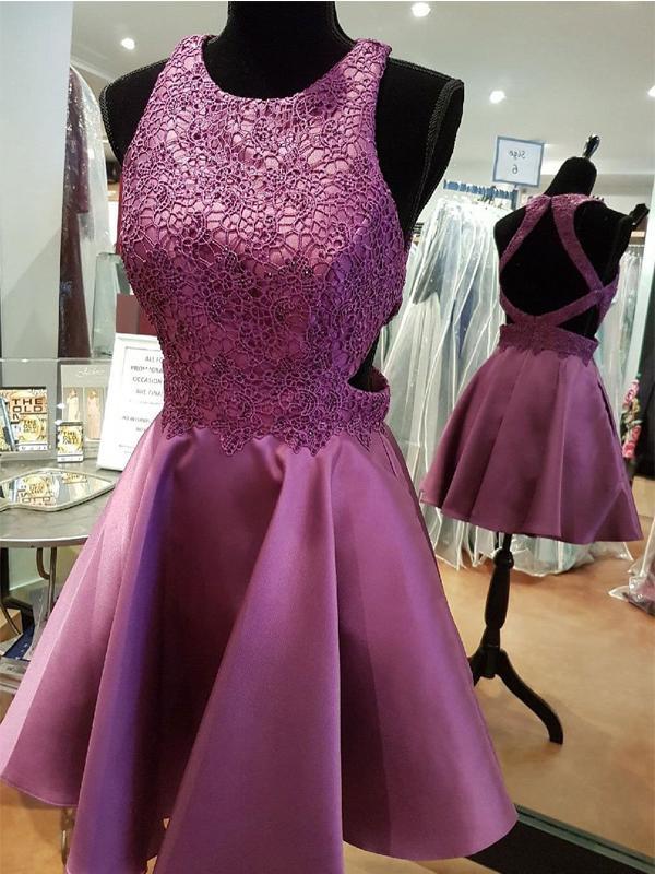 Sexy Open Back Halter Purple Cheap Homecoming Dresses 2018, CM422